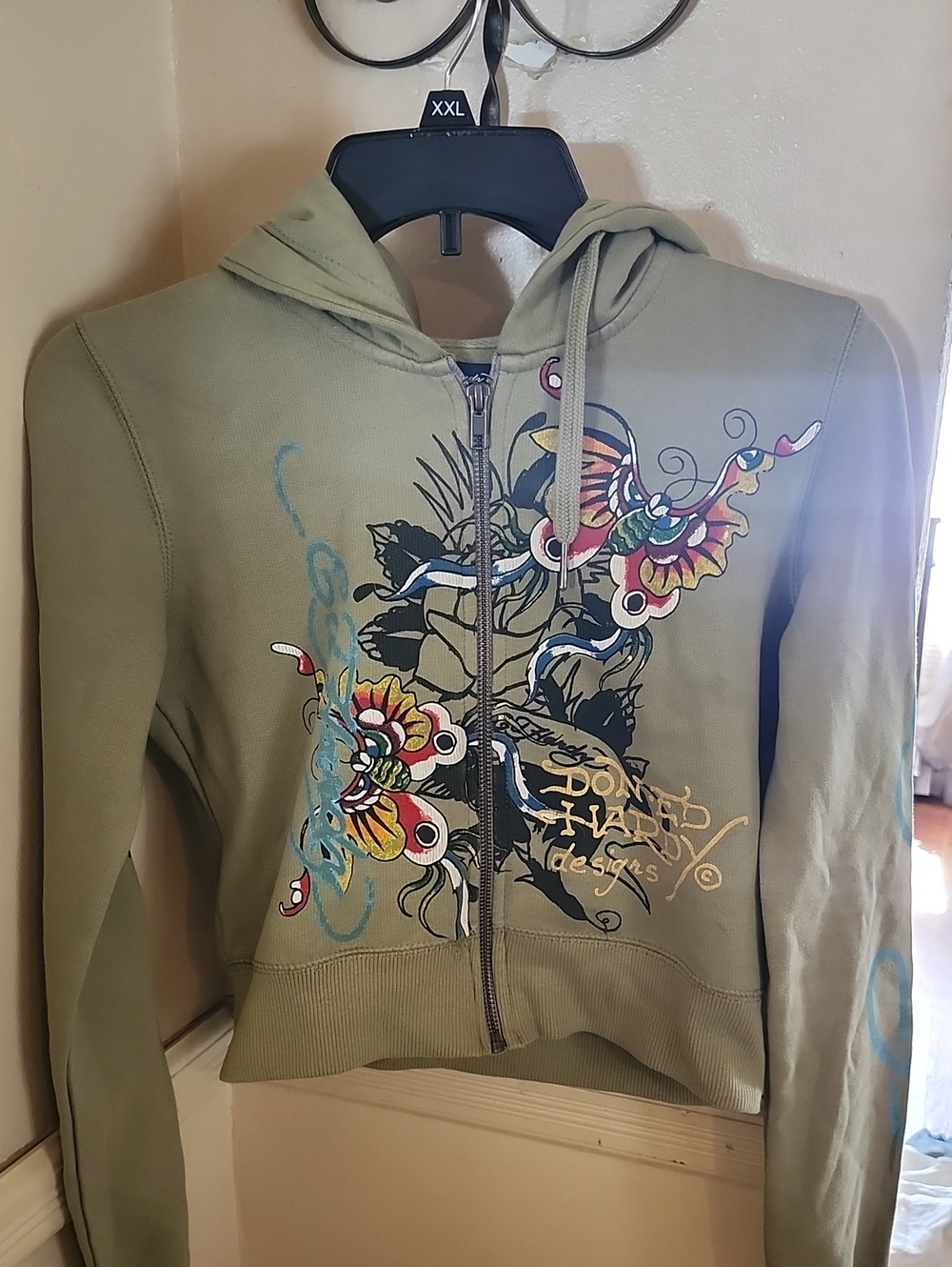 Ed Hardy Olive Green Zip Hoodie with Colorful Floral Tattoo Graphic